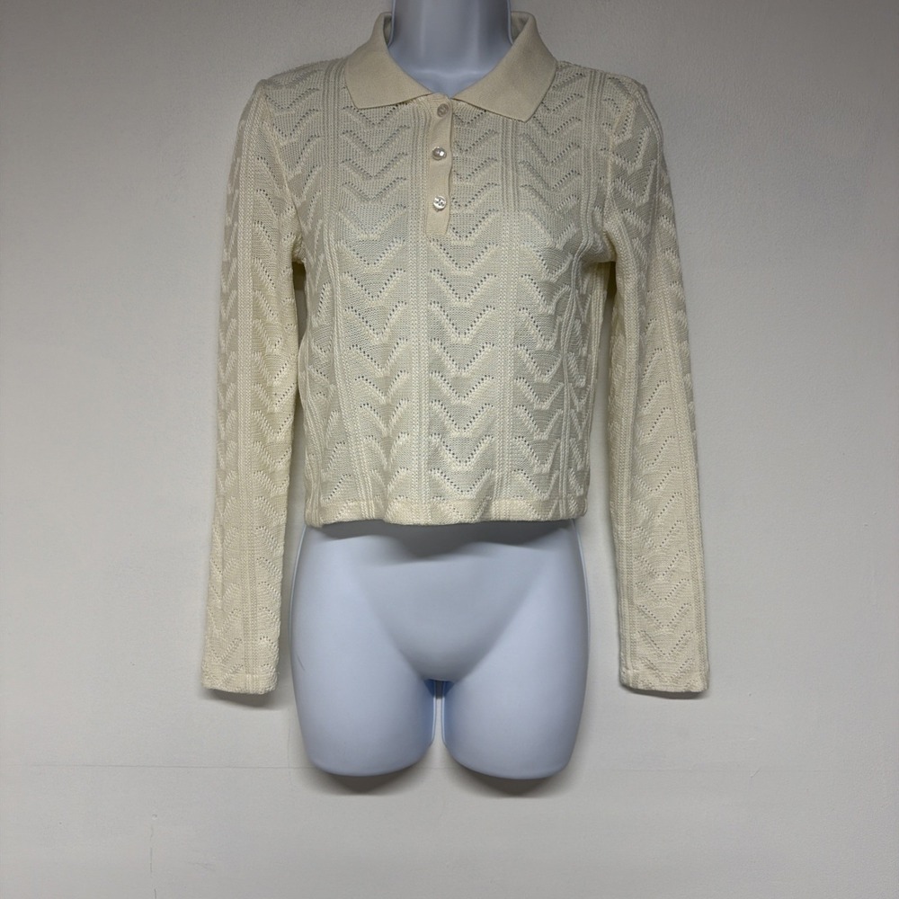 Zara Women's Medium Textured Knit Sweater Collared Cropped Long Sleeve Ivory
